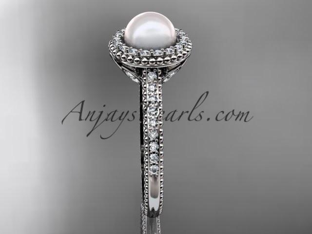 platinum diamond pearl vine and leaf engagement ring AP101 - AnjaysDesigns