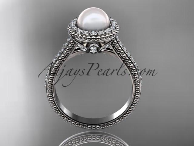 platinum diamond pearl vine and leaf engagement ring AP101 - AnjaysDesigns