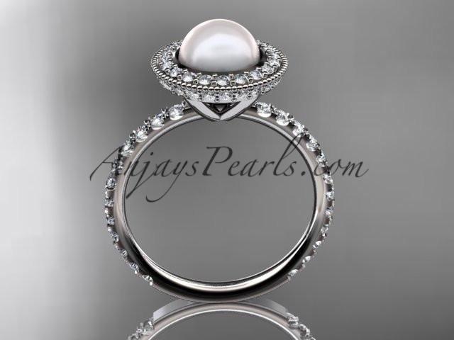 platinum diamond pearl vine and leaf engagement ring AP106 - AnjaysDesigns