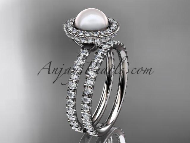 14k white gold diamond pearl vine and leaf engagement set AP106S - AnjaysDesigns