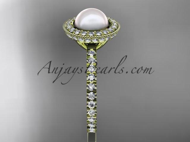 14k yellow gold diamond pearl vine and leaf engagement ring AP106 - AnjaysDesigns