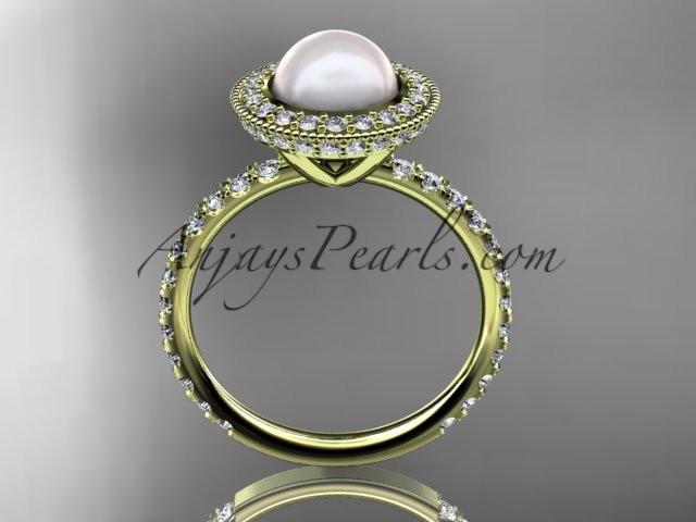 14k yellow gold diamond pearl vine and leaf engagement ring AP106 - AnjaysDesigns