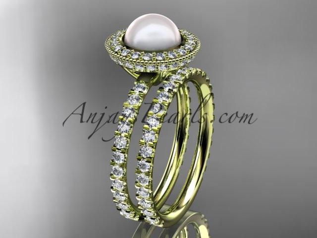 14k yellow gold diamond pearl vine and leaf engagement set AP106S - AnjaysDesigns