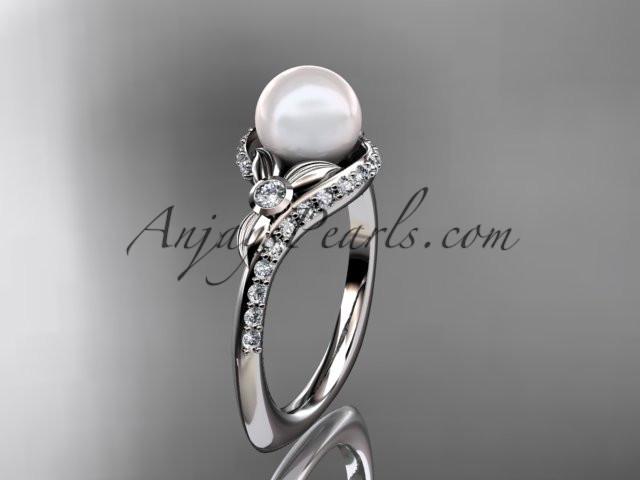 Platinum diamond pearl vine and leaf engagement ring AP112 - AnjaysDesigns