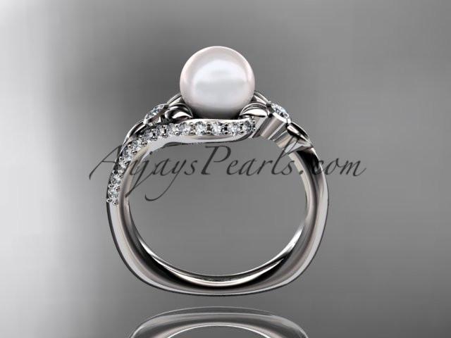 Platinum diamond pearl vine and leaf engagement ring AP112 - AnjaysDesigns