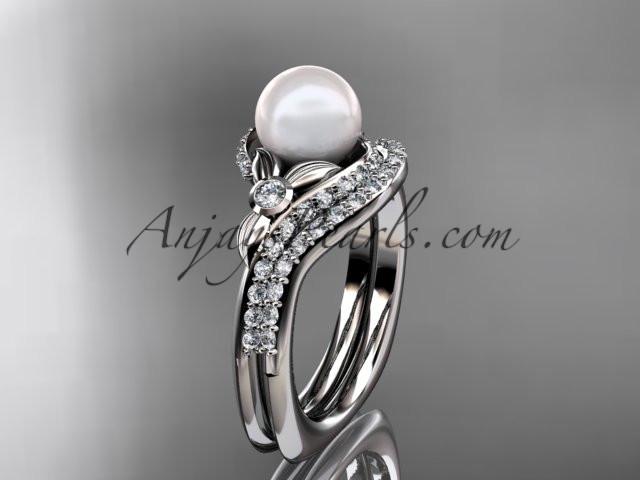 platinum diamond pearl vine and leaf engagement set AP112S - AnjaysDesigns