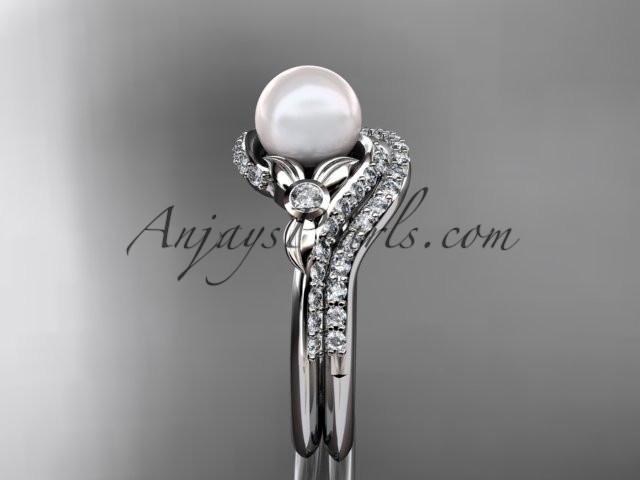 platinum diamond pearl vine and leaf engagement set AP112S - AnjaysDesigns