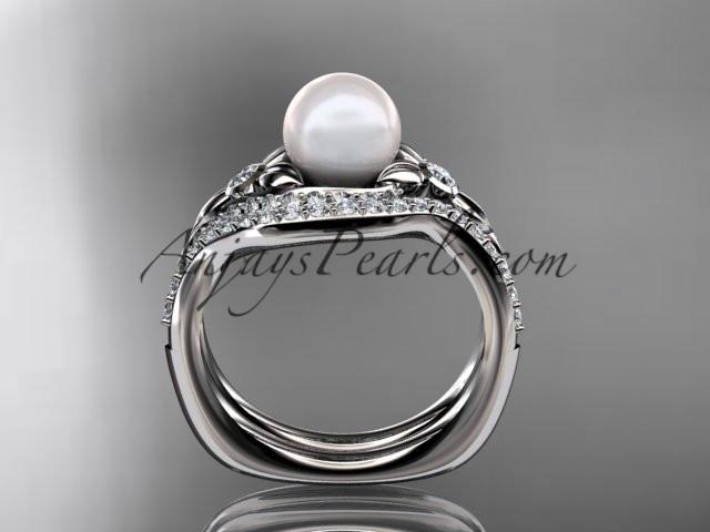 platinum diamond pearl vine and leaf engagement set AP112S - AnjaysDesigns