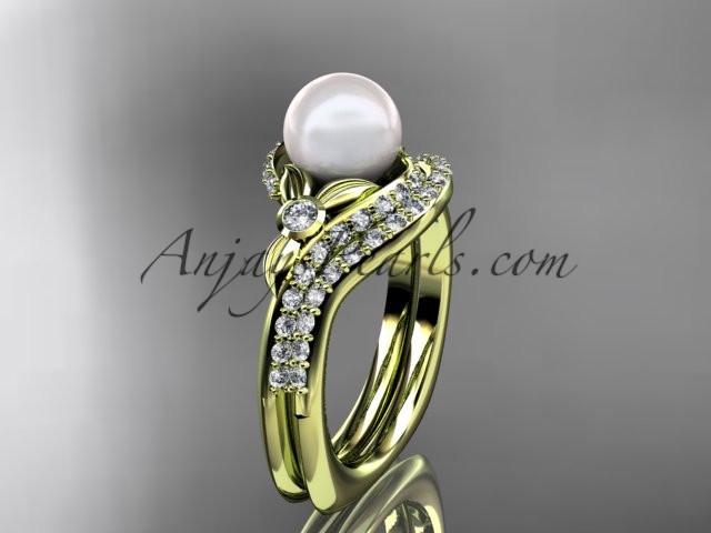 14k yellow gold diamond pearl vine and leaf engagement set AP112S - AnjaysDesigns