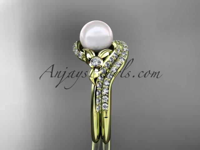 14k yellow gold diamond pearl vine and leaf engagement set AP112S - AnjaysDesigns