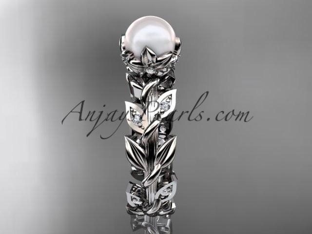 platinum diamond pearl vine and leaf engagement ring AP124 - AnjaysDesigns