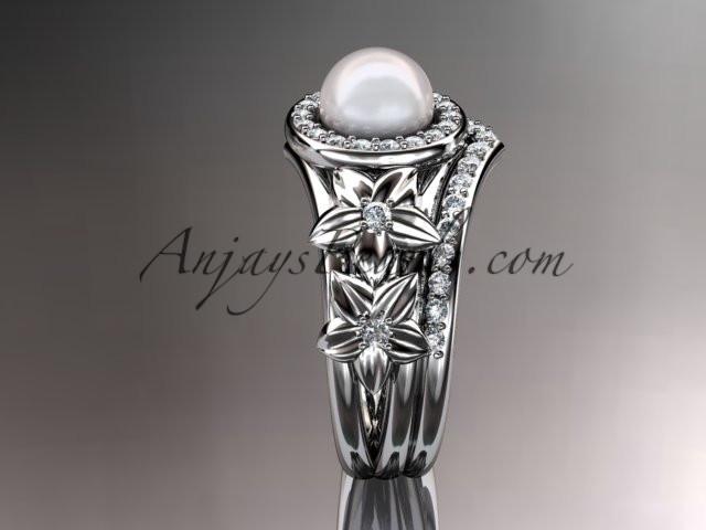 14kt white gold diamond floral wedding ring, engagement set AP131S - AnjaysDesigns