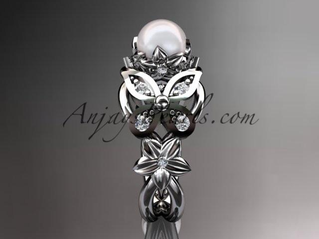 Platinum diamond pearl unique engagement ring, butterfly wedding ring AP136 - AnjaysDesigns