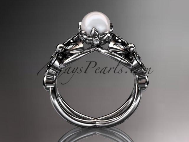 Platinum diamond pearl unique engagement ring, butterfly wedding ring AP136 - AnjaysDesigns