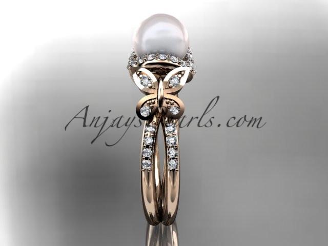 14kt rose gold diamond pearl unique engagement ring, butterfly wedding ring AP141 - AnjaysDesigns