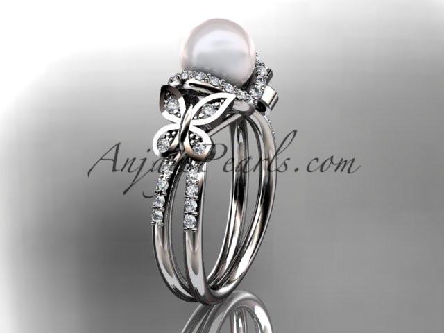 Platinum diamond pearl unique engagement ring, butterfly wedding ring AP141 - AnjaysDesigns