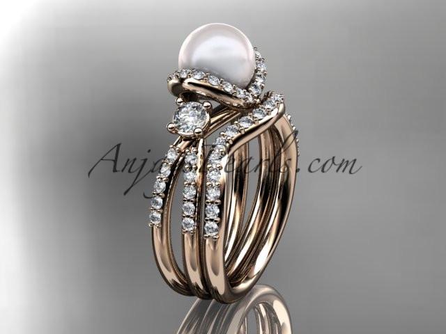 14kt rose gold diamond pearl unique engagement set, wedding ring AP146S - AnjaysDesigns
