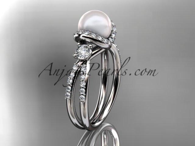 Platinum diamond pearl unique engagement ring, wedding ring AP146 - AnjaysDesigns