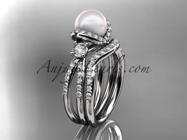 platinum diamond pearl unique engagement set, wedding ring AP146S - AnjaysDesigns