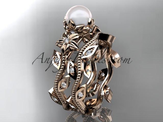 14kt rose gold diamond pearl unique engagement set, wedding set AP151S - AnjaysDesigns