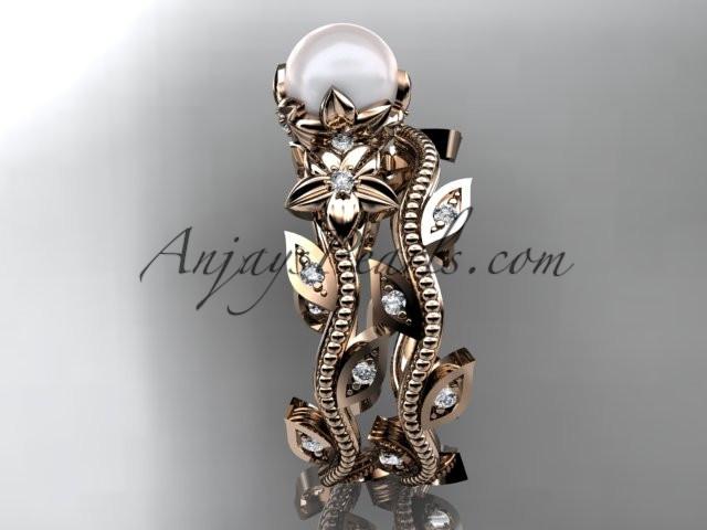 14kt rose gold diamond pearl unique engagement set, wedding set AP151S - AnjaysDesigns