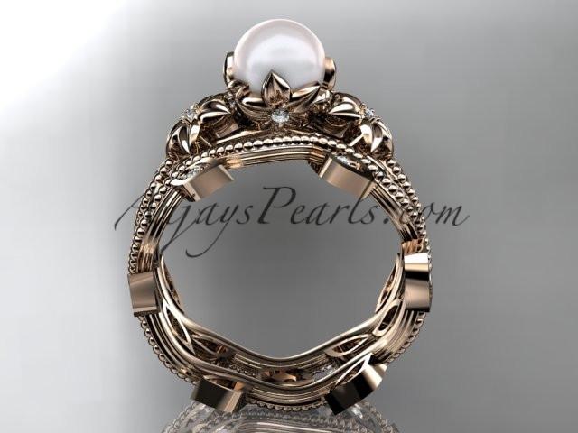 14kt rose gold diamond pearl unique engagement set, wedding set AP151S - AnjaysDesigns
