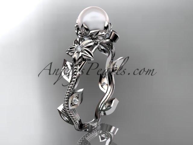Platinum diamond pearl unique engagement ring, wedding ring AP151 - AnjaysDesigns