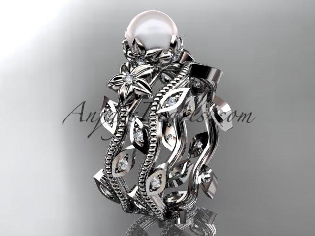 14kt white gold diamond pearl unique engagement set, wedding set AP151S - AnjaysDesigns