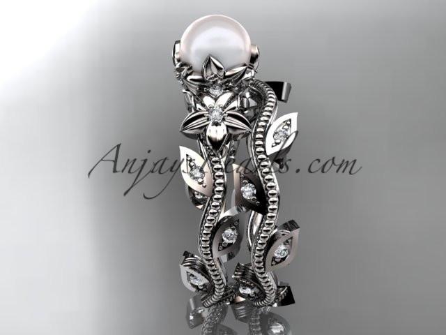 platinum diamond pearl unique engagement set, wedding set AP151S - AnjaysDesigns