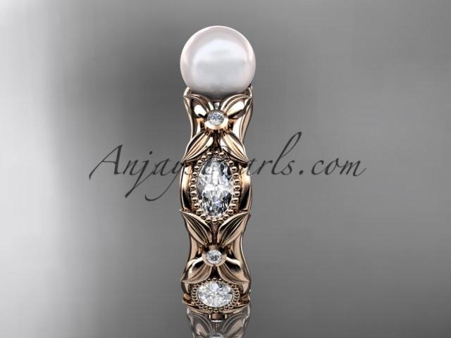 14kt rose gold diamond pearl unique engagement ring, wedding ring AP152 - AnjaysDesigns