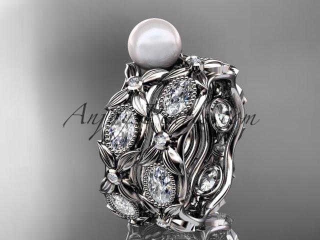 platinum diamond pearl unique engagement ring, wedding ring AP152S - AnjaysDesigns
