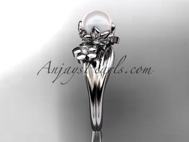 platinum diamond pearl unique engagement ring, wedding ring AP159 - AnjaysDesigns