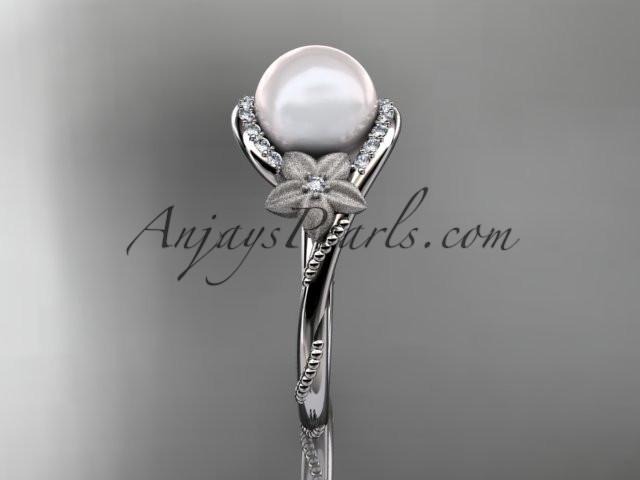 Platinum diamond leaf and vine, floral pearl wedding ring, engagement ring AP166 - AnjaysDesigns