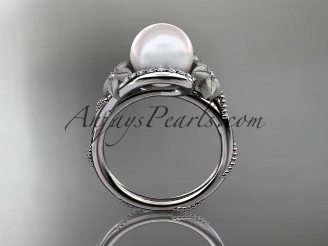 Platinum diamond leaf and vine, floral pearl wedding ring, engagement ring AP166 - AnjaysDesigns