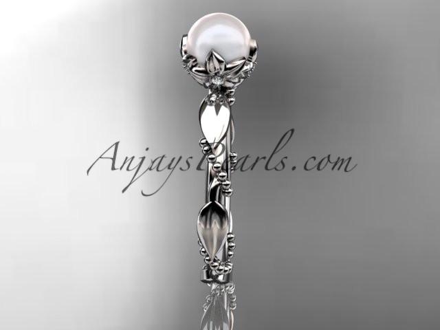 14kt white gold diamond pearl unique engagement ring AP178 - AnjaysDesigns