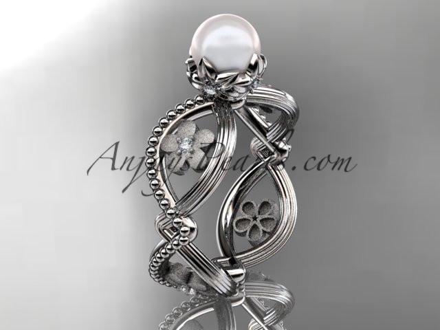Platinum diamond pearl unique engagement ring AP192 - AnjaysDesigns