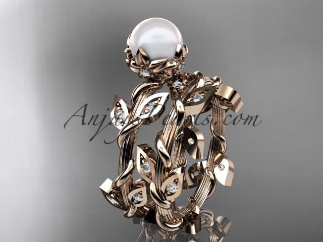 14kt rose gold diamond leaf and vine, floral pearl wedding set, engagement set AP20S - AnjaysDesigns
