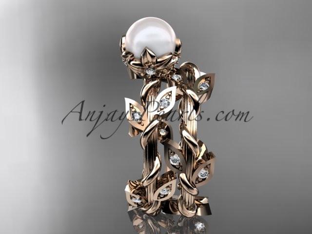 14kt rose gold diamond leaf and vine, floral pearl wedding set, engagement set AP20S - AnjaysDesigns