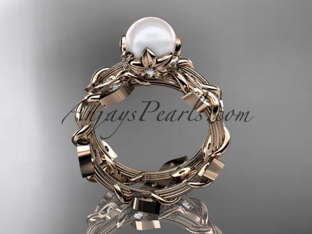 14kt rose gold diamond leaf and vine, floral pearl wedding set, engagement set AP20S - AnjaysDesigns
