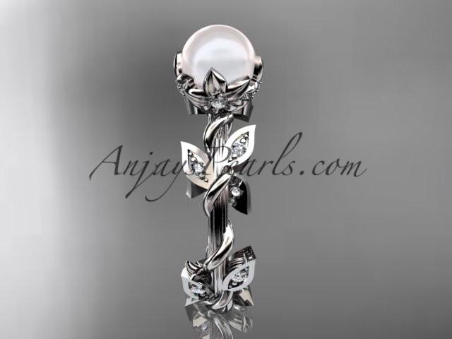 Platinum diamond leaf and vine, floral pearl wedding ring, engagement ring AP20 - AnjaysDesigns
