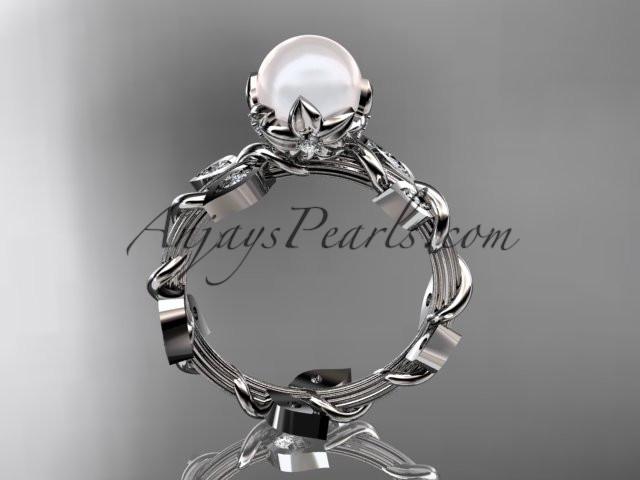 Platinum diamond leaf and vine, floral pearl wedding ring, engagement ring AP20 - AnjaysDesigns