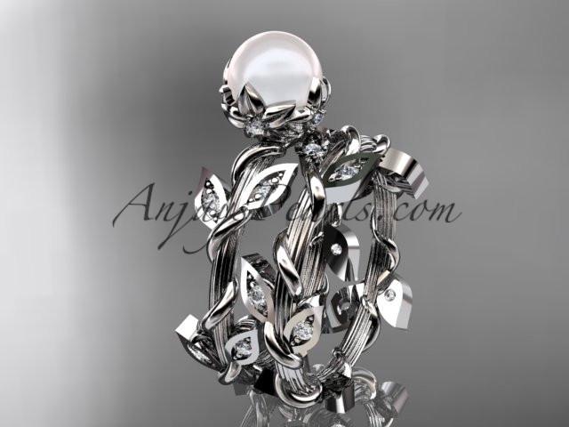 Platinum diamond leaf and vine, floral pearl wedding set, engagement set AP20S - AnjaysDesigns