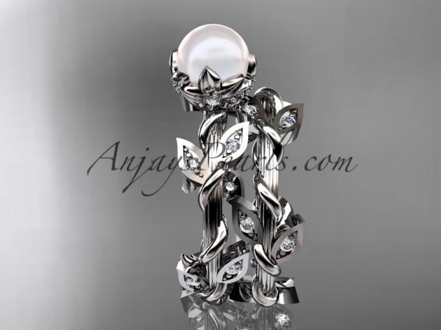 Platinum diamond leaf and vine, floral pearl wedding set, engagement set AP20S - AnjaysDesigns