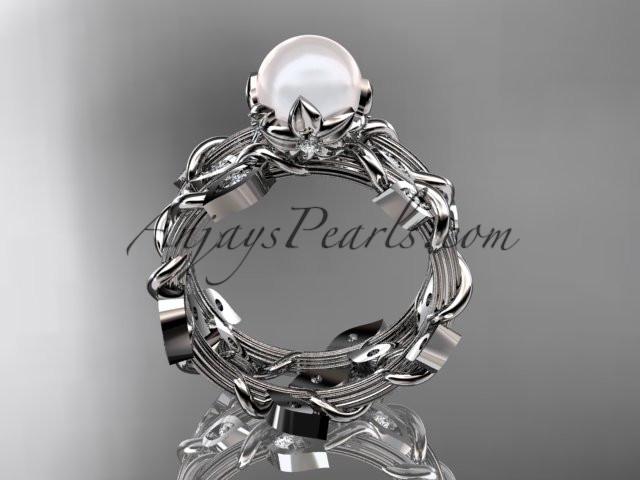 Platinum diamond leaf and vine, floral pearl wedding set, engagement set AP20S - AnjaysDesigns