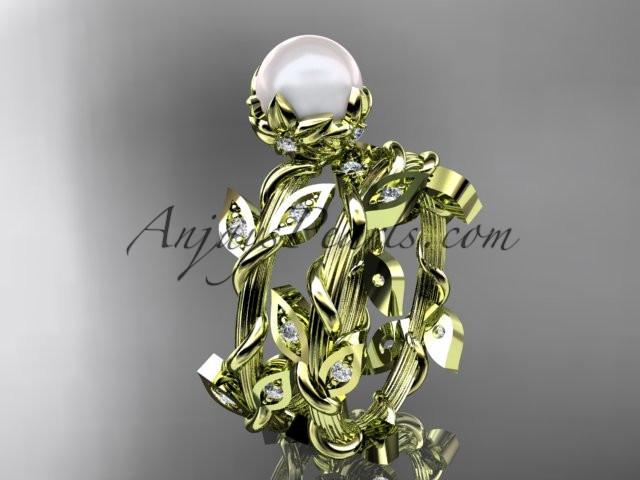 14kt yellow gold diamond leaf and vine, floral pearl wedding set, engagement set AP20S - AnjaysDesigns