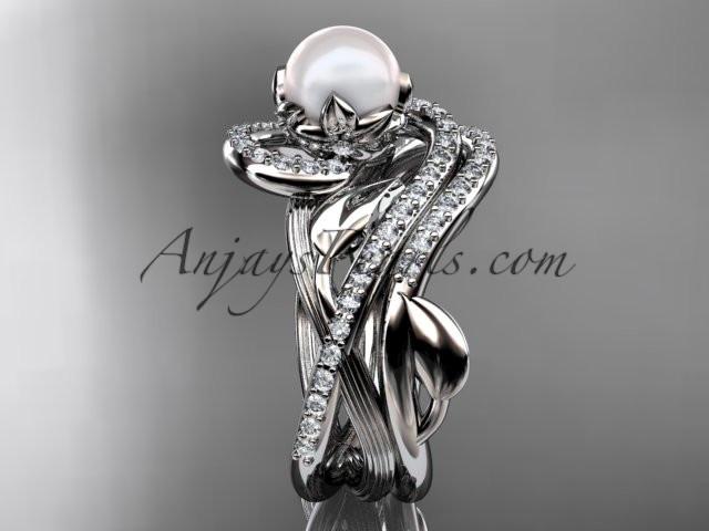 14kt white gold diamond pearl unique engagement set AP222S - AnjaysDesigns