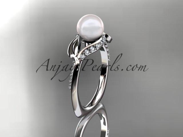14kt white gold diamond pearl unique engagement ring AP225 - AnjaysDesigns