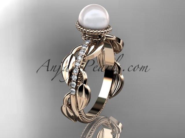 14kt rose gold diamond pearl, leaf and vine engagement ring AP231 - AnjaysDesigns