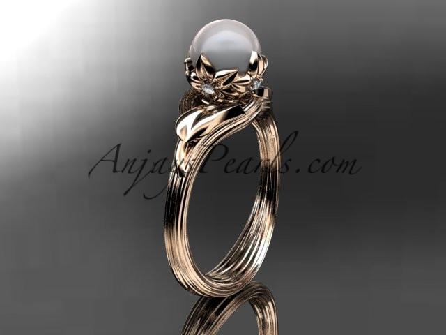 14kt rose gold diamond pearl flower, leaf and vine engagement ring AP240 - AnjaysDesigns