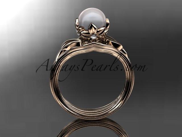 14kt rose gold diamond pearl flower, leaf and vine engagement ring AP240 - AnjaysDesigns